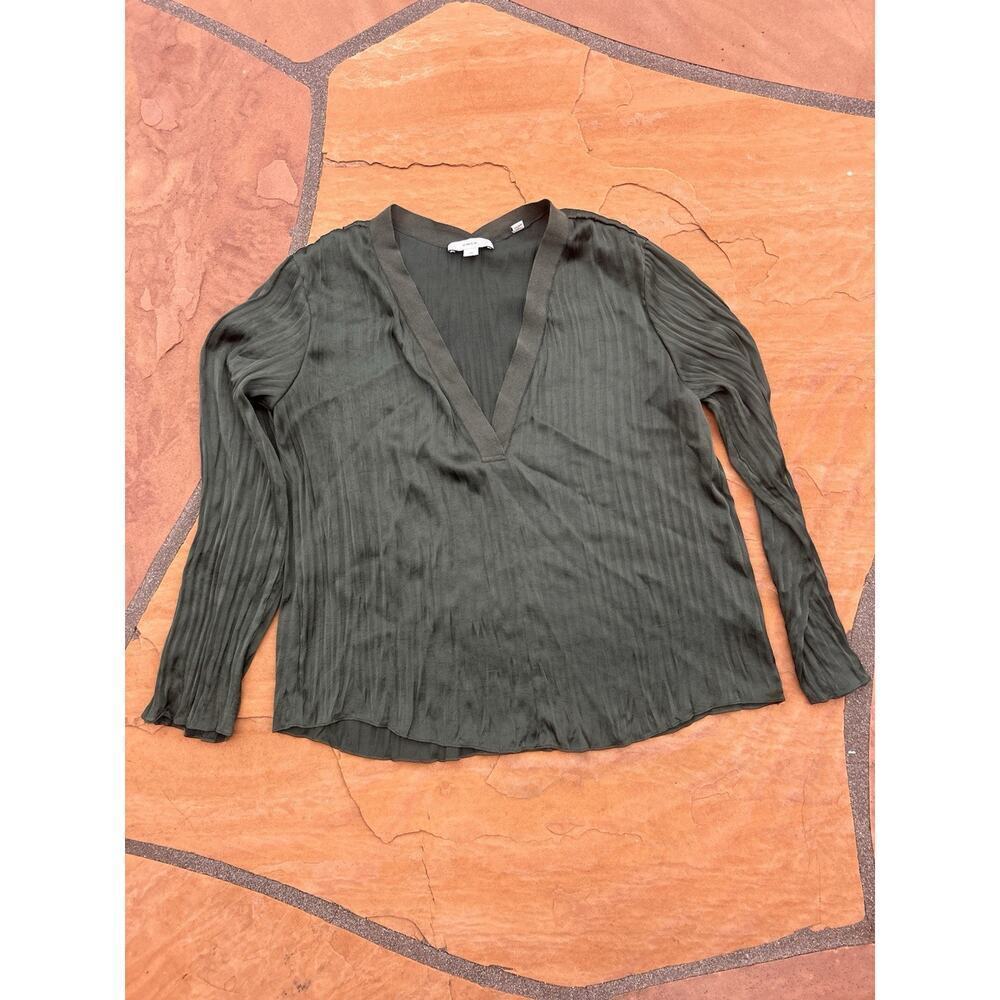 Vince Womens Juniper Crushed Satin V-Neck Long Sleeves Blouse SZ S Green